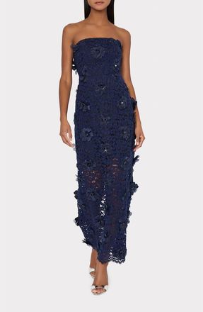 Milly Kait Floral Lace Sequin Strapless Gown in Navy at Nordstrom, Size 10