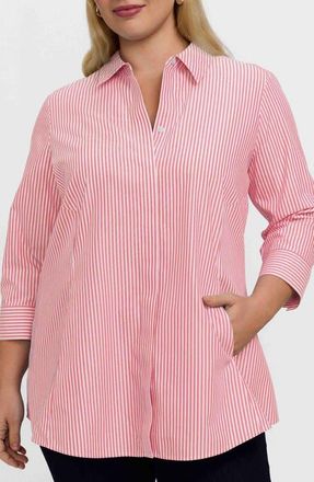 Foxcroft Cici Stripe Cotton Tunic Blouse in Coral Reef Red/White at Nordstrom, Size 14W