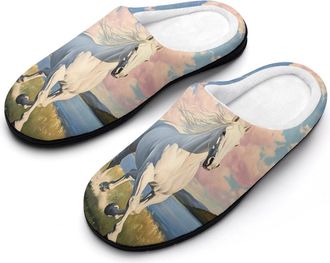 Generic White Horse Galloping Through Grassy Slippers Men Winter Warm Cotton Anti-Slip Indoor Slip-Ons House Shoes