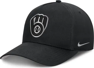 Nike Milwaukee Brewers Rise Nike Mens Dri-FIT MLB A-Frame Trucker Adjustable Hat in Black | NB1E0FBPMZB-HWD