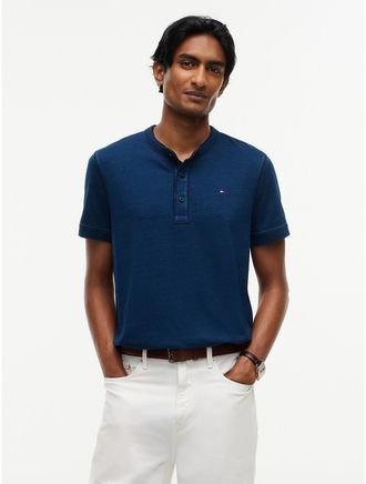 Tommy Hilfiger Mens Short-Sleeve Indigo-Dyed Henley T-Shirt - Dark Indigo - XXL