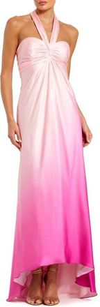 Mac Duggal Charmeuse Tie Halter Neck Ombre Gown in Pink Ombre at Nordstrom, Size 10