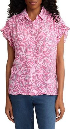 Jones New York Abstract Print Ruffle Sleeve Shirt in Dutch Pink/natural White at Nordstrom, Size X-Small