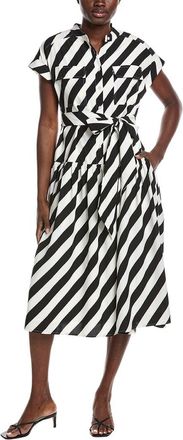 Gracia Stripped Front Pockets Belt Midi Dress