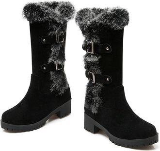 Generic Womens Lined Winter Boots in A Suede Look, Warm Mid-Calf Boots with Fur Trim And Double Straps, Non-Slip Block Heel Snow Boots for Everyday Wear And O
