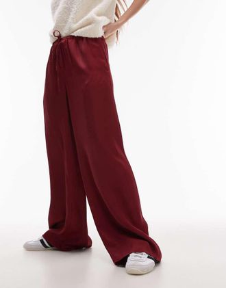 Topshop satin tie waist wide leg pants in burgundy-Red