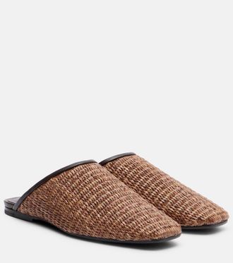 Brunello Cucinelli Leather-trimmed raffia mules