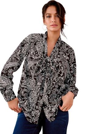Roaman's Long Sleeve Bow Blouse in Black Ivory Paisley at Nordstrom, Size 38