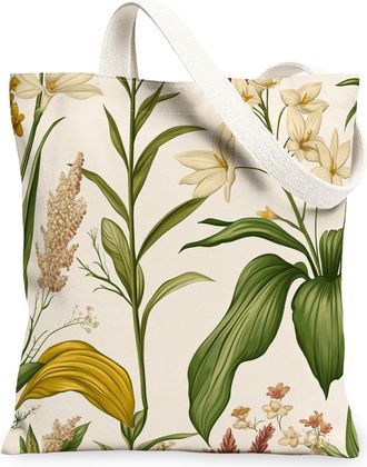 Generic Spring Hosta Flower Canvas Tote Bag for Shopping 13x15, Vintage Wildflower Florals Reusable Grocery Print Pattern Bag for Women, Aesthetic Beach Aesth