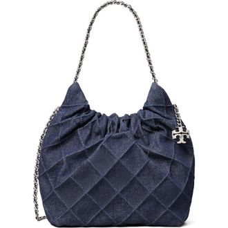 Tory Burch Mini Fleming Quilted Denim Hobo Bag in Blue at Nordstrom