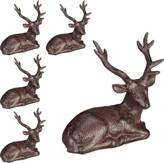 Relaxdays 5 X Figura Ciervo, Ciervo Tumbado Decorativo, R&uacute;stico, Resistente A Intemperie, Jard&iacute;n, Balc&oacute;n, Hierro Fundido, Marr&oacute;n