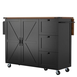 STILVORA Carro De Cocina Con 1 Puerta, 3 Cajones, Encimera Abatible, Toallero Y Ruedas, En Mdf, Negro