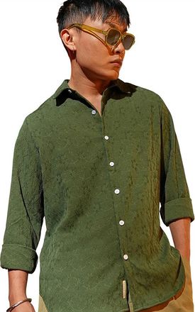 Campus Sutra Mens Forest Green Floral-Textured Shirt