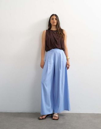 Topshop Pantaloni a fondo ampio svasati in lino azzurri-Blu