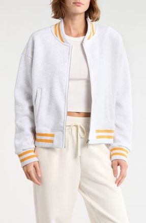 90 Degree by Reflex Silicone Varsity Stripe Fleece Zip Jacket in Heather Light Grey/Orange at Nordstrom Rack, Size X-Small