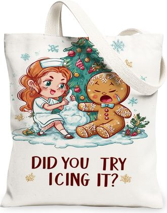 Generic Christmas Gingerbread Canvas Tote Bags, Festive Holiday Illustration Reusable Grocery Bags, Lightweight Washable Shoulder S, White, 13x15 Inch