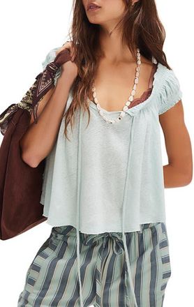 Free People Dahlia Tie Front Linen & Cotton T-Shirt in Skyride at Nordstrom, Size X-Small