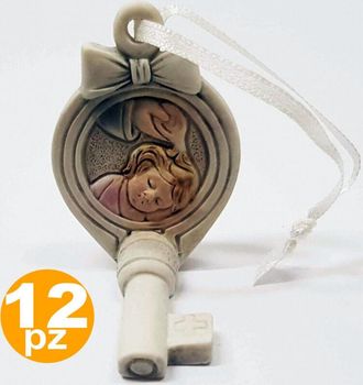 Trade Shop Trade Shop - 12pz Bomboniera Chiave Fiocco Gancio Battesimo Bambina Sacra Simbolo Appendino