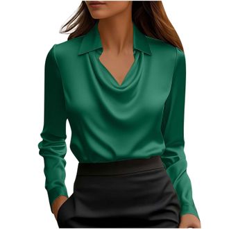 Generic Keepink Womens Long Sleeve Tops Elegant Cowl Neck Satin Blouse Dressy Business Casual Office Work Silk Shirt Elegant Ladies Tunic Top Loose Comfy Shir
