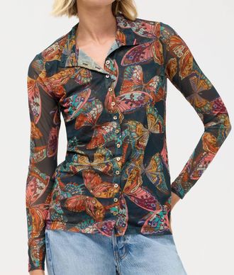 Johnny Was Mesh Button Up Mock Neck Top In Ofelia Teal