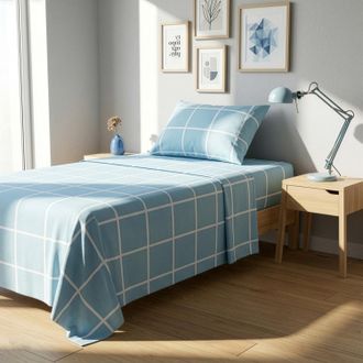 KASANOVA Completo letto 1 piazza e mezza policotone quadrotti azzurro