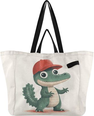 Generic Alligator Red Hat Beige print Reusable Canvas Tote Bag, Heavy Duty Grocery Shopping Bag with Hard Bottom Double Handles Large Capacity Work Groceries 