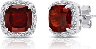 MAX + STONE Sterling Silver 7mm Cushion Cut Gemstone Stud Earrings with Diamond Accent Halo
