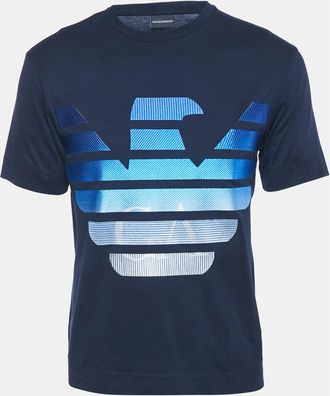 Emporio Armani Navy Blue Logo Embroidery Cotton Crew Neck T-Shirt