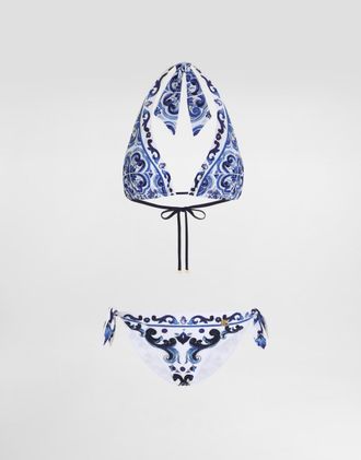 Dolce & Gabbana DG EXCLUSIVE Dolce & Gabbana Majolica-print Triangle Bikini - Woman Swimwear Blue Fabric 2