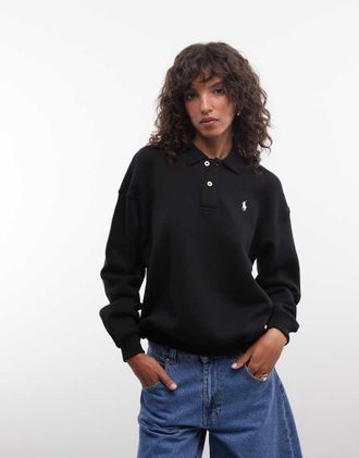 Polo Ralph Lauren Felpa stile rugby nera con colletto e logo iconico-Nero
