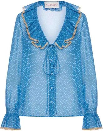 Valentino Garavani Gekreukelde Polka Dot Zijden Blouse - Dames - Blouses - Blauw - M - Organza - Overhemden