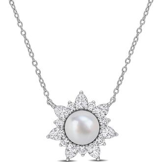 Delmar Cultured Pearl & Lab Grown White Sapphire Halo Pendant Necklace at Nordstrom Rack