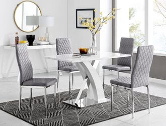Furniturebox Atlanta White High Gloss & Chrome 4 Seater Dining Table with X Shaped Legs & 4 Soft Velvet Milan Chairs in Grey