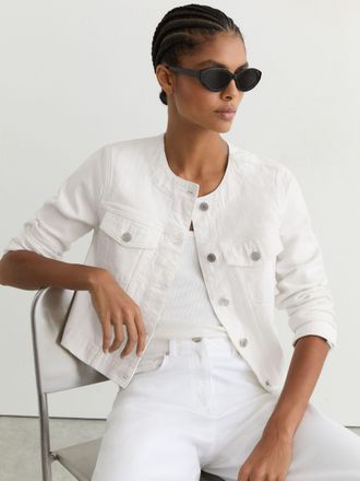 Reiss White Collarless Cropped Denim Jacket, 14
