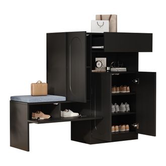 STILVORA Zapatero Con 2 Puertas Abatibles Y Banco Acolchado, Cierre Suave, Estantes Ajustables, En Tablero De Part&iacute;culas, 130&times;35&times;110 Cm, Negro