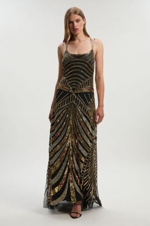 Karen Millen Womens Premium Mirrored Crystal Embellished Woven Prom Dress - Black - Size 12 UK