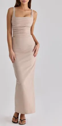 House of CB Calandra Stretch Crepe Ruched Maxi Dress in Taupe at Nordstrom, Size X-Large