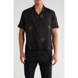 T.R. Premium Boxy Fit Sun Embroidered Camp Shirt in Black at Nordstrom Rack, Size Medium