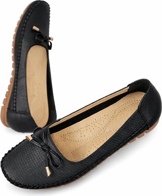 Generic Womens Orthopedic Leather Loafers Bowknot Slip-On Flats, Lightweight Anti-Slip Breathable Comfort Shoes for Wide Width (6.5,Black)