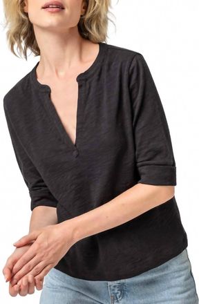 Lilla P Womens Elbow Sleeve Split Neck Top In Black
