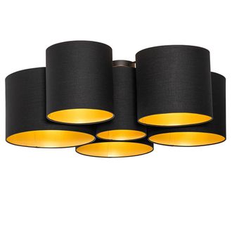 QAZQA Qazqa - Moderno Plaf&oacute;n Negro Con Interior Dorado 6 Luces - Multidrum Textil /acero Redonda Adecuado Para Led Max. 6 X 40 Watt