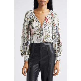 Alice & Olivia Thalia Mixed Print Button-Up Shirt in Dreamscape Moon Vanilla at Nordstrom Rack, Size X-Small