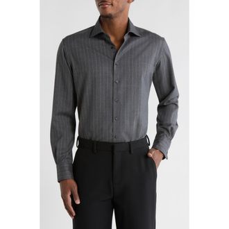 Eterna Modern Fit Fine Merino Wool Chalk Stripe Button Front Shirt in Grey at Nordstrom Rack, Size 17.5 - L