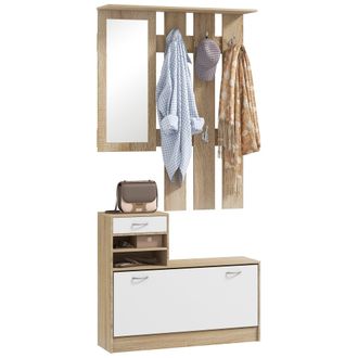 HOMCOM Hallway Furniture Set With Shoe Cabinet - Coat Rack And Mirror - Natural Wood Finish | TJ Hughes