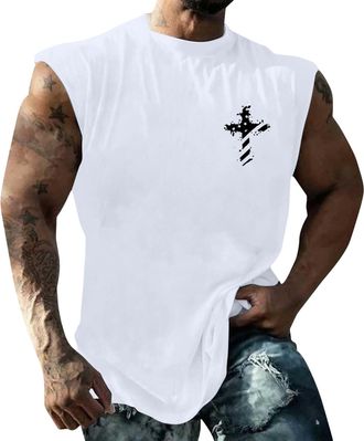 Generic DENGJIAMY Mens 4th of July Tank Tops Patriotic Crew Neck Top American Flag Graphic Cut Off Tee Summer Casual Christian Cross Print Sleeveless Shirt (W