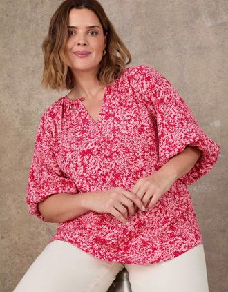 Live Unlimited London Womens Pink Floral Print Puff Sleeve Blouse - Size: 28