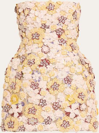 Costarellos Sirra Strapless Embroidered Floral Applique Mini Dress
