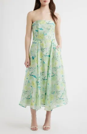 Lulus Elena Floral Print Strapless Midi Dress in Mint Multi at Nordstrom, Size X-Small