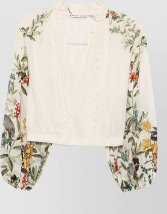 Alice & Olivia floral-print lace-trim ruffled v-neck long-sleeve cropped blouse