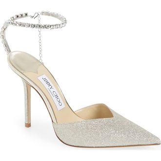 Jimmy Choo London Saeda Glitter Crystal Ankle Strap Pointed Toe Pump in Ice/Crystal at Nordstrom, Size 6.5Us
